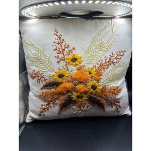 Vintage Hand Made MCM Needlepoint Embroidery Square Orange Yellow Flower Pillow